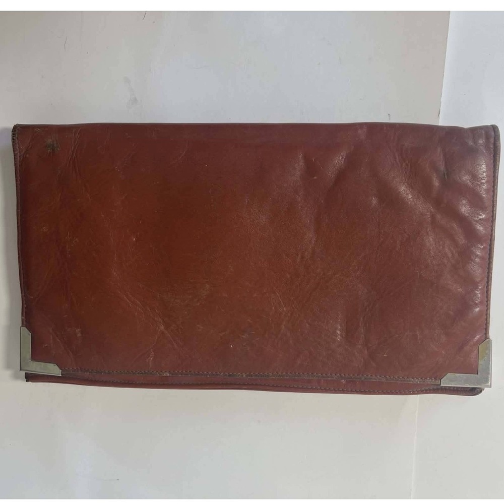 Vintage‎ 70s Brown Leather Envelope Clutch Bag Silver Corner Metal Trim Cognac